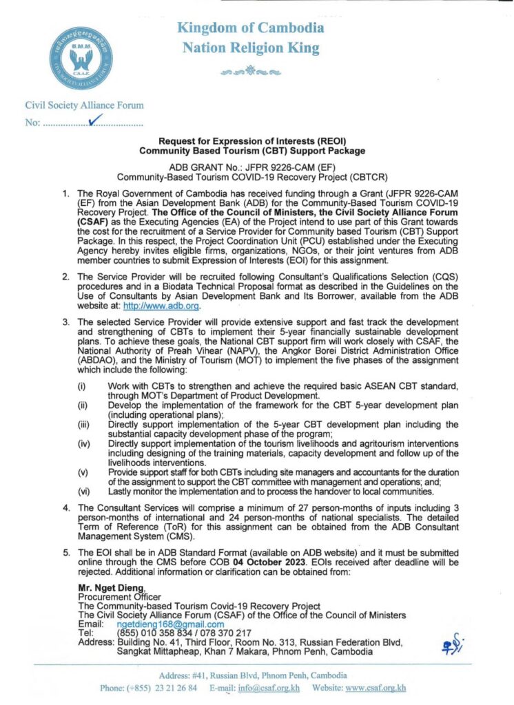 Request for Expression of Interests (REOI) Community Based Tourism (CBT) Support Package to recruit a Service Provider to provide extensive support and fast track the development and strengthening of CBTs to implement 5-year financially sustainable development plans.